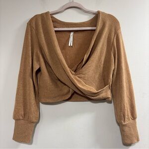 Anthropologie Camel knit Wrap cropped Blouse